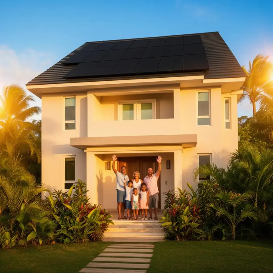 Casa boricua moderna con placas solares y familia feliz al atardecer